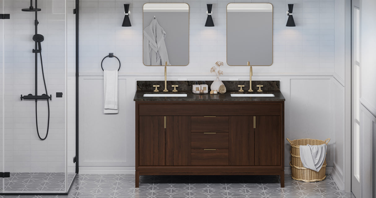Jeffrey Alexander Theodora 60" Dark Walnut Double Sink Bathroom Vanity with Blue Limestone Top - 8 in. Widespread Faucet Top product image 6