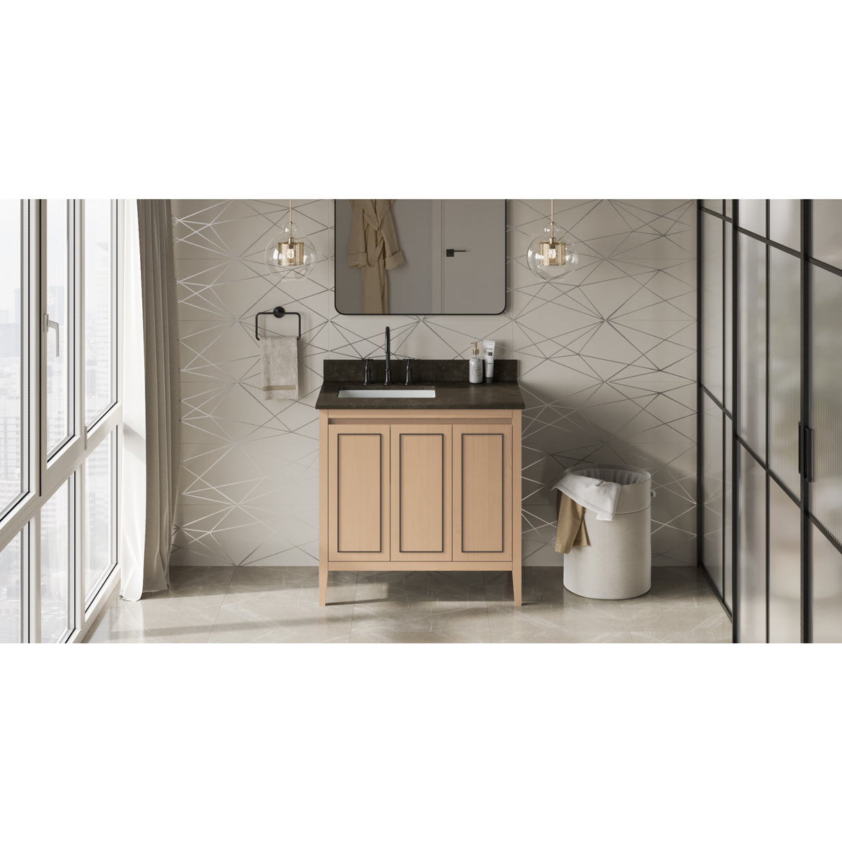 Jeffrey Alexander Percival 36" Natural Oak Single Sink Bathroom Vanity with Blue Limestone Top - 8 in. Widespread Faucet Top