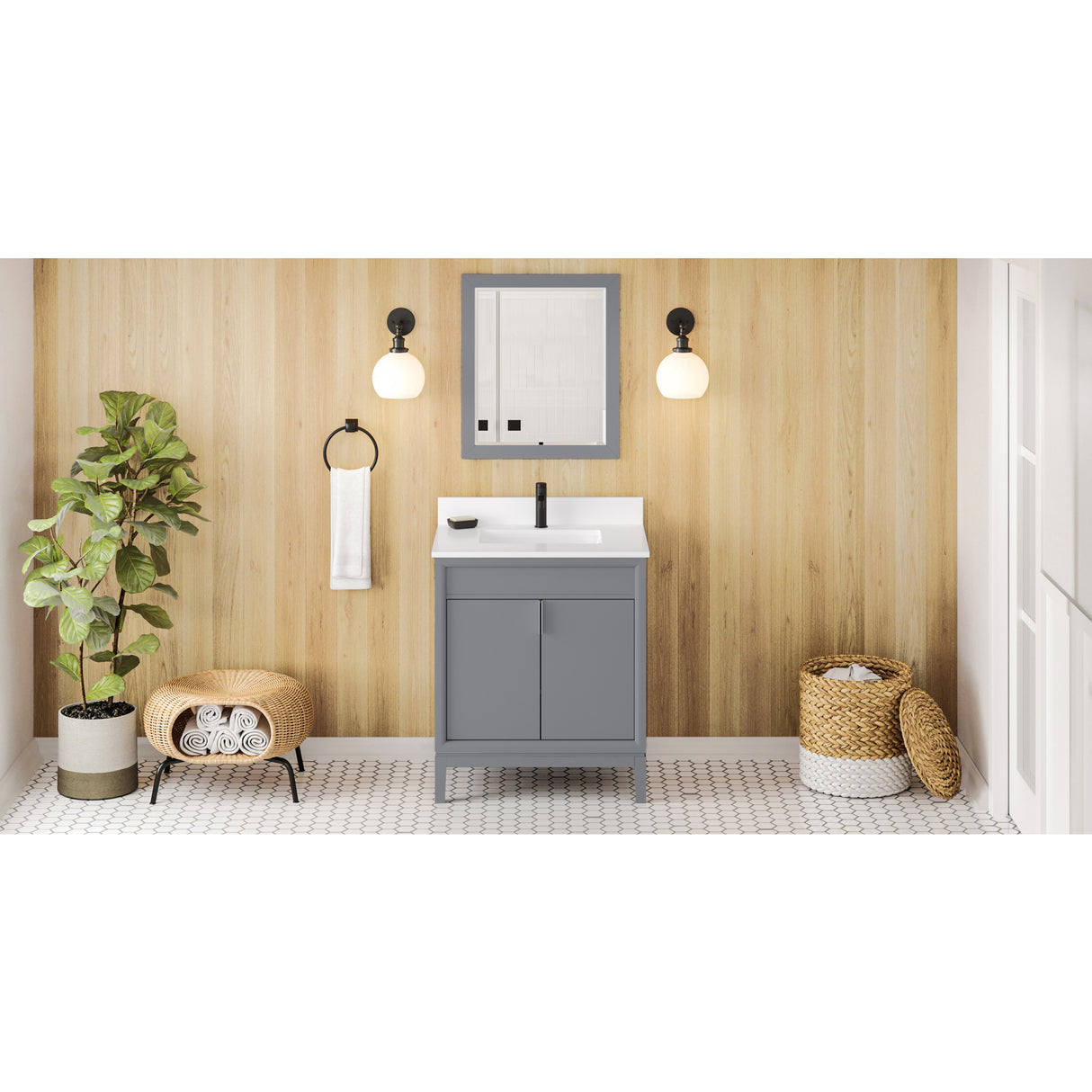 Jeffrey Alexander Theodora 30" Grey Single Sink Bathroom Vanity with White Quartz Top - 8 in. Widespread Faucet Top - VKITTHE30GRWQR1