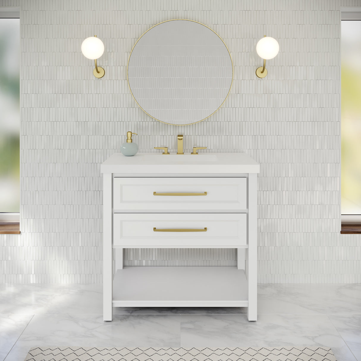 Jeffrey Alexander Kipling 37" White Single Sink Bathroom Vanity with White Resin Top - Single-Hole Faucet Top