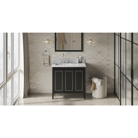 Jeffrey Alexander Percival 36" Black Single Sink Bathroom Vanity with White Carrara Marble Top - 8 in. Widespread Faucet Top