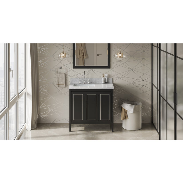 Jeffrey Alexander Percival 36" Black Single Sink Bathroom Vanity with White Carrara Marble Top - 8 in. Widespread Faucet Top