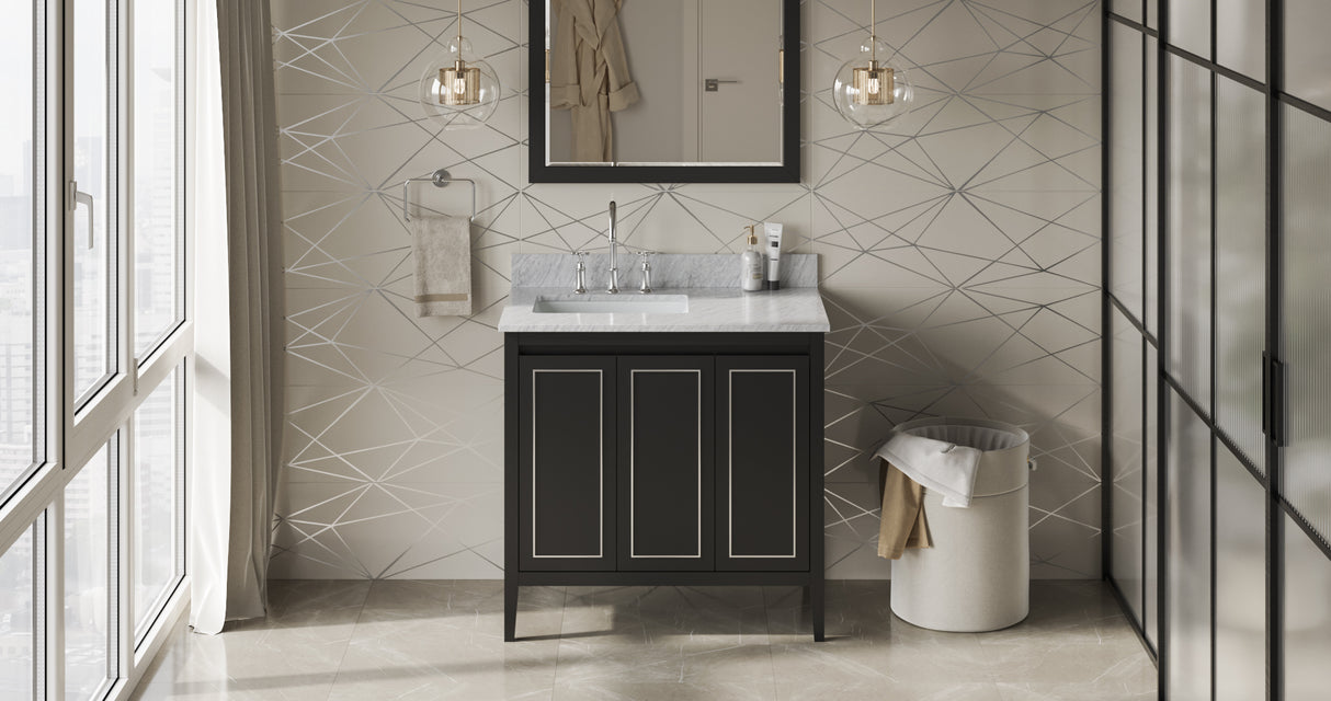 Jeffrey Alexander Percival 36" Black Single Sink Bathroom Vanity with White Carrara Marble Top - 8 in. Widespread Faucet Top product image 7
