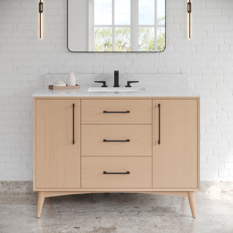 Jeffrey Alexander Dashwood Natural Oak Single Sink Bathroom Vanity with White Carrara Marble Top - 8 in. Widespread Faucet Top - VKITDAS48NOWCR