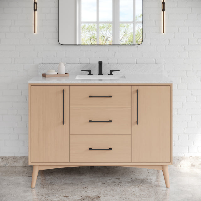 Jeffrey Alexander Dashwood Natural Oak Single Sink Bathroom Vanity with White Carrara Marble Top - 8 in. Widespread Faucet Top - VKITDAS48NOWCR