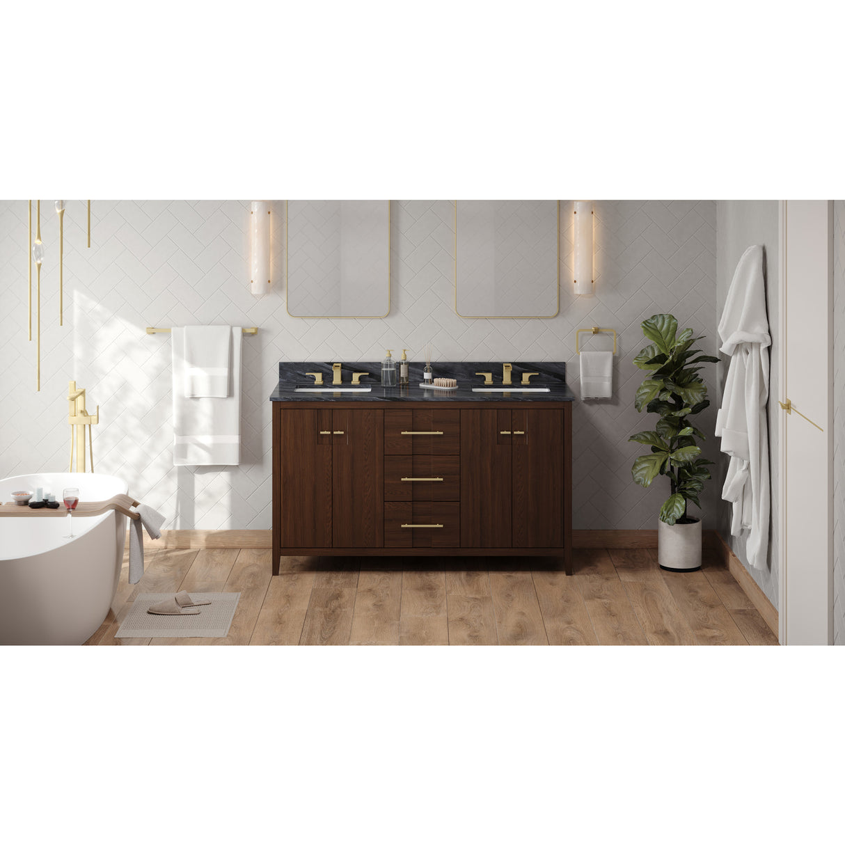 Jeffrey Alexander Katara 60" Dark Walnut Double Sink Bathroom Vanity with Grey Marble Top - 8 in. Widespread Faucet Top