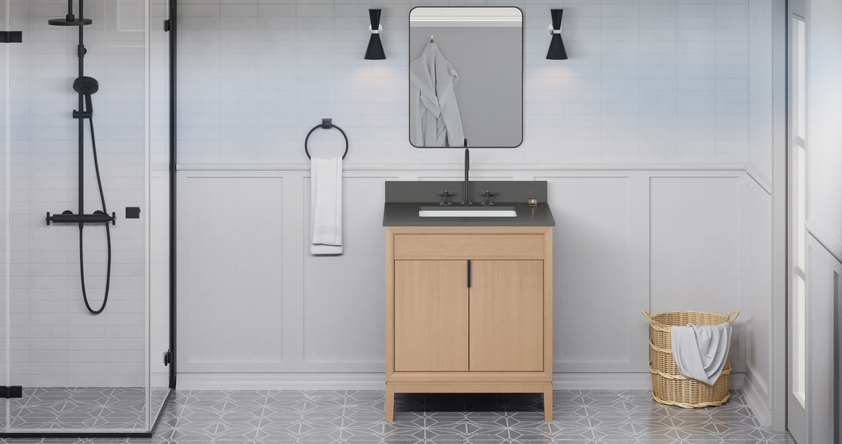 Jeffrey Alexander Theodora 30" Natural Oak Single Sink Bathroom Vanity with Grey Quartz Top - 8 in. Widespread Faucet Top product image 6