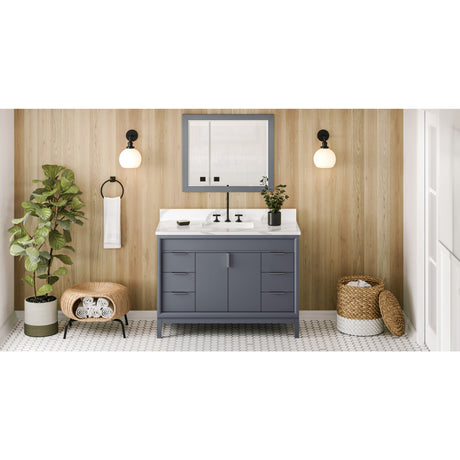 Jeffrey Alexander Theodora 48" Blue Steel Single Sink Bathroom Vanity with Calacatta Vienna Quartz Top - 8 in. Widespread Faucet Top