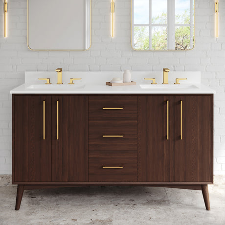 Jeffrey Alexander Dashwood 60" Dark Walnut Double Sink Bathroom Vanity with White Quartz Top - 8 in. Widespread Faucet Top