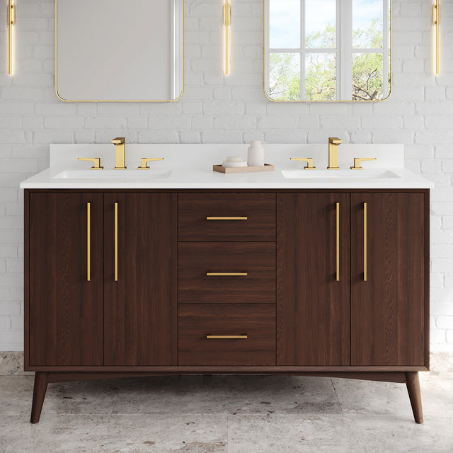 Jeffrey Alexander Dashwood 60" Dark Walnut Double Sink Bathroom Vanity with White Quartz Top - 8 in. Widespread Faucet Top