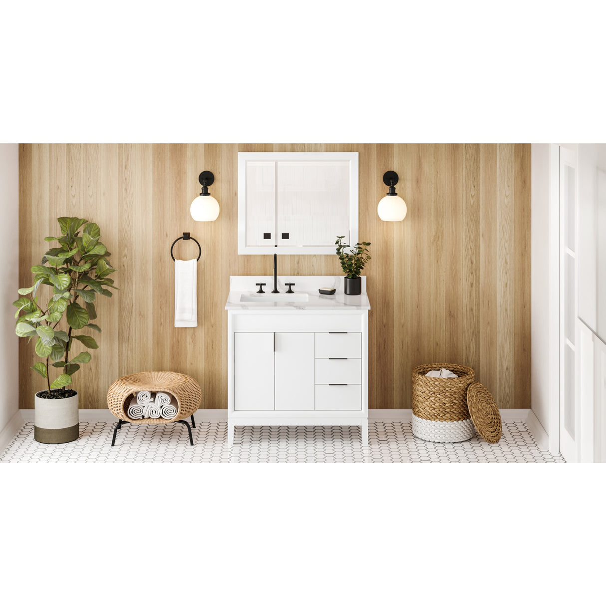 Jeffrey Alexander Theodora 36" White Single Sink Bathroom Vanity with Calacatta Vienna Quartz Top - 8 in. Widespread Faucet Top