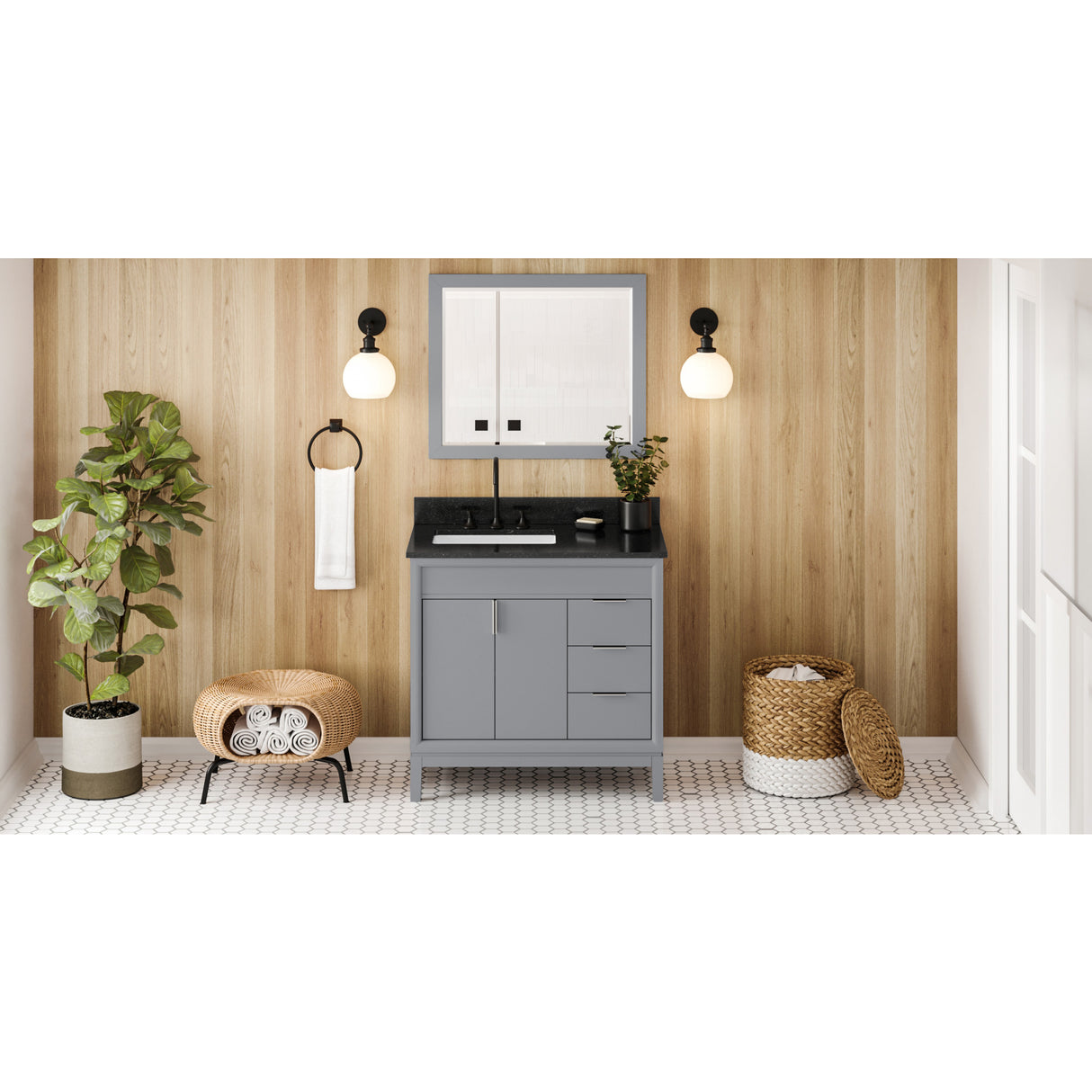 Jeffrey Alexander Theodora 36" Grey Single Sink Bathroom Vanity with Black Granite Top - 8 in. Widespread Faucet Top