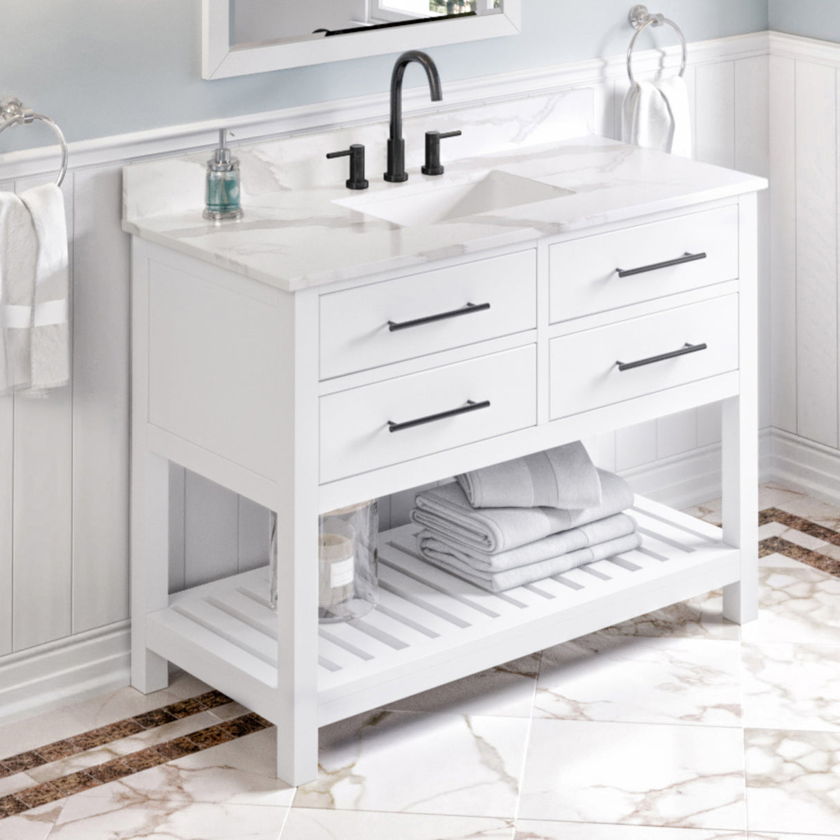 Jeffrey Alexander Wavecrest 48" White Single Sink Bathroom Vanity with Calacatta Vienna Quartz Top - 8 in. Widespread Faucet Top product image 2