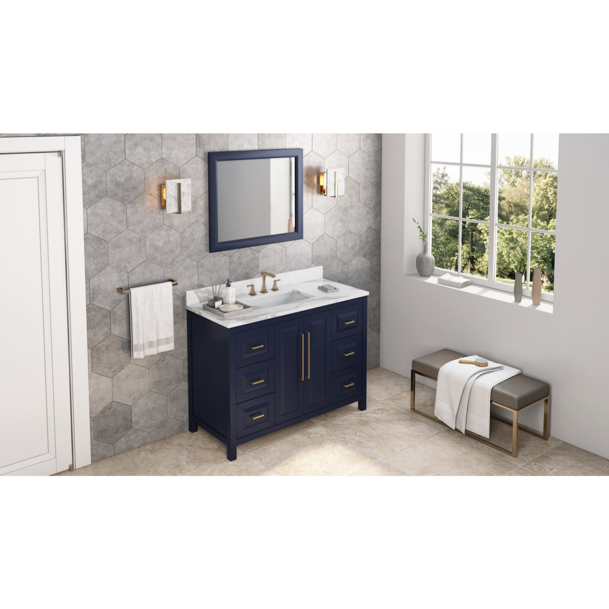 Jeffrey Alexander Cade 48" Hale Blue Single Sink Bathroom Vanity with Calacatta Vienna Quartz Top - 8 in. Widespread Faucet Top
