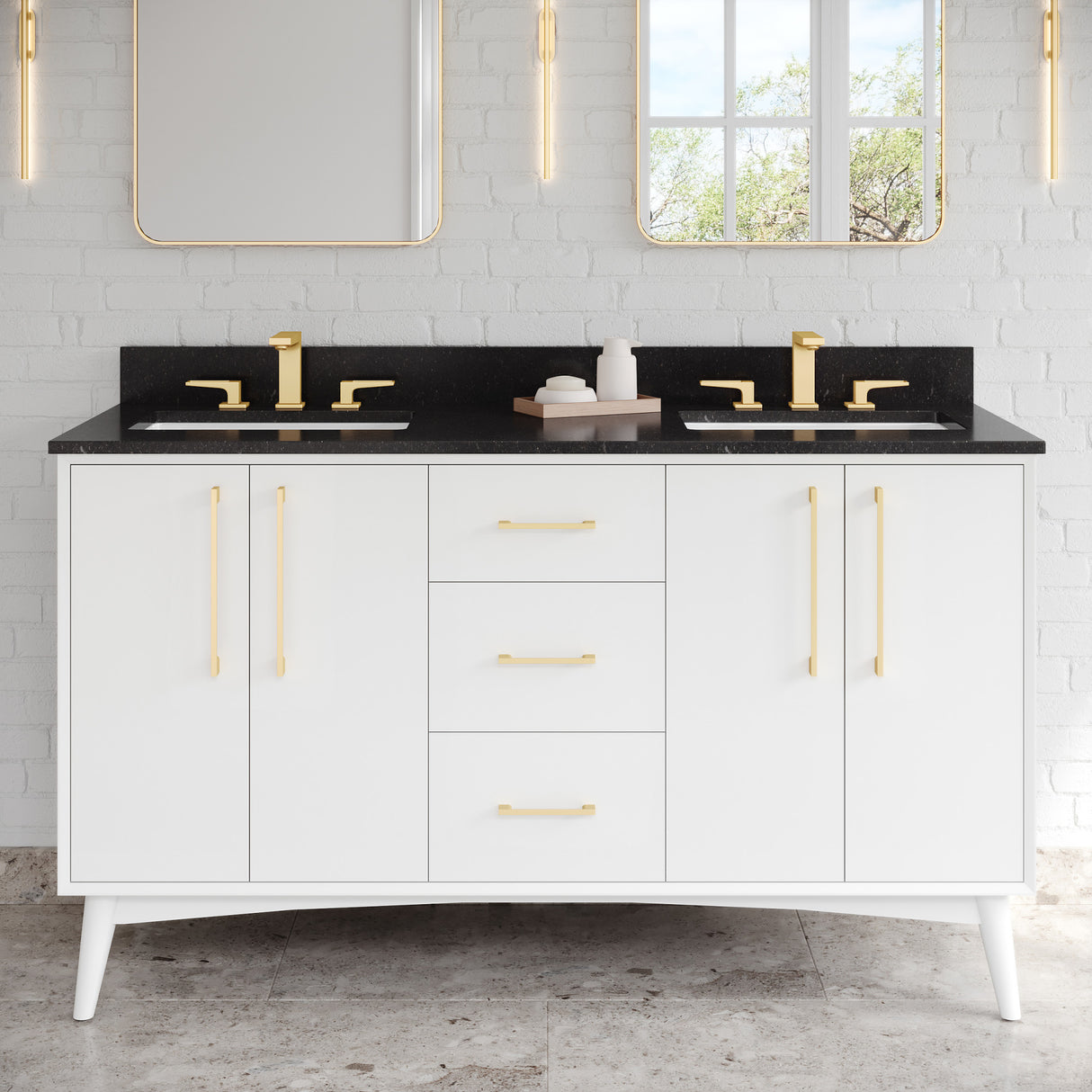 Jeffrey Alexander Dashwood 60" White Double Sink Bathroom Vanity with Black Granite Top - 8 in. Widespread Faucet Top