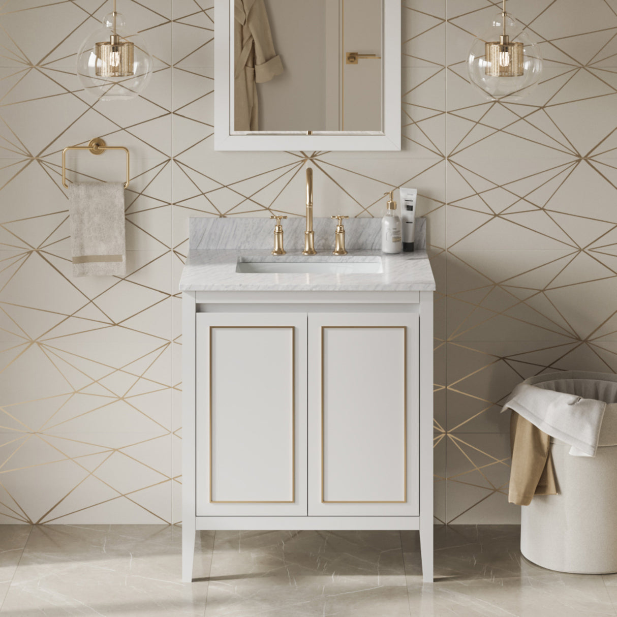 Jeffrey Alexander Percival 30" White Single Sink Bathroom Vanity with White Carrara Marble Top - 8 in. Widespread Faucet Top product image 2