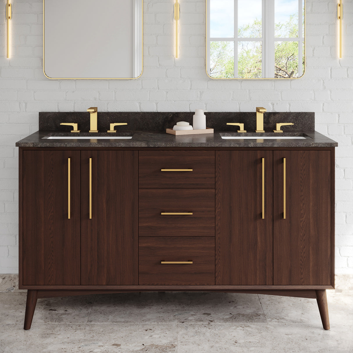 Jeffrey Alexander Dashwood 60" Dark Walnut Double Sink Bathroom Vanity with Blue Limestone Top - 8 in. Widespread Faucet Top