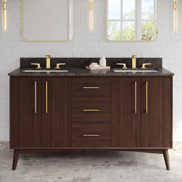 Jeffrey Alexander Dashwood 60" Dark Walnut Double Sink Bathroom Vanity with Blue Limestone Top - 8 in. Widespread Faucet Top