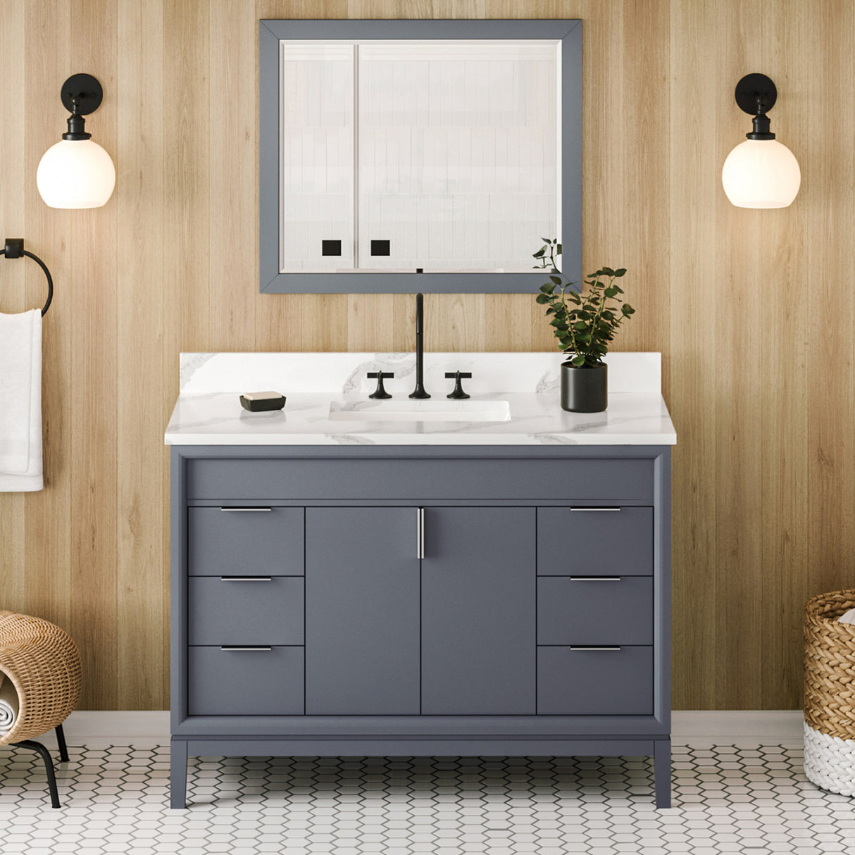 Jeffrey Alexander Theodora 48" Blue Steel Single Sink Bathroom Vanity with Calacatta Vienna Quartz Top - 8 in. Widespread Faucet Top product image 2
