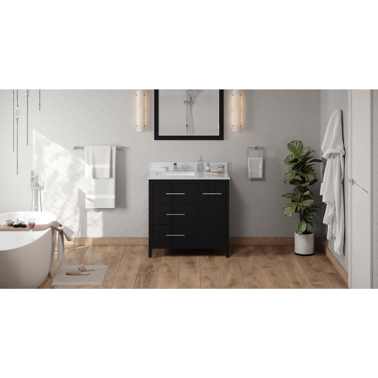 Jeffrey Alexander Katara 36" Black Single Sink Bathroom Vanity with White Carrara Marble Top - 8 in. Widespread Faucet Top