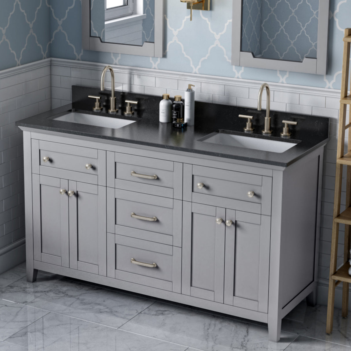 Jeffrey Alexander Chatham 60" Grey Double Sink Bathroom Vanity with Black Granite Top - 8 in. Widespread Faucet Top - VKITCHA60GRBGR product image 2
