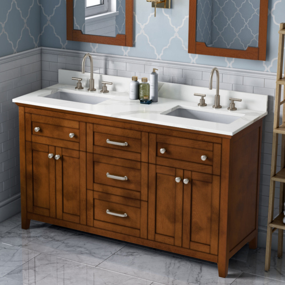 Jeffrey Alexander Chatham 60" Chocolate Double Sink Bathroom Vanity with Calacatta Vienna Quartz Top - 8 in. Widespread Faucet Top - VKITCHA60CHCQR product image 2