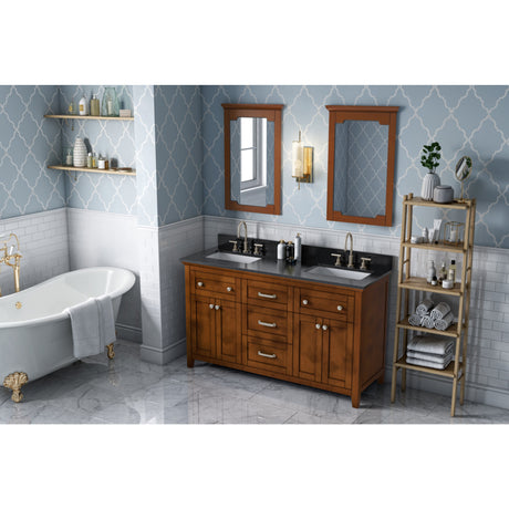 Jeffrey Alexander Chatham 60" Chocolate Double Sink Bathroom Vanity with Black Granite Top - 8 in. Widespread Faucet Top - VKITCHA60CHBGR