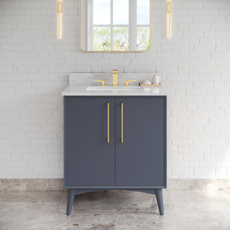 Jeffrey Alexander Dashwood Blue Steel Single Sink Bathroom Vanity with White Carrara Marble Top - Single-Hole Faucet Top