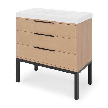Jeffrey Alexander Gardner 37" Natural Oak Single Sink Bathroom Vanity with White Resin Top - Single-Hole Faucet Top - VKGAR36NOSQRE