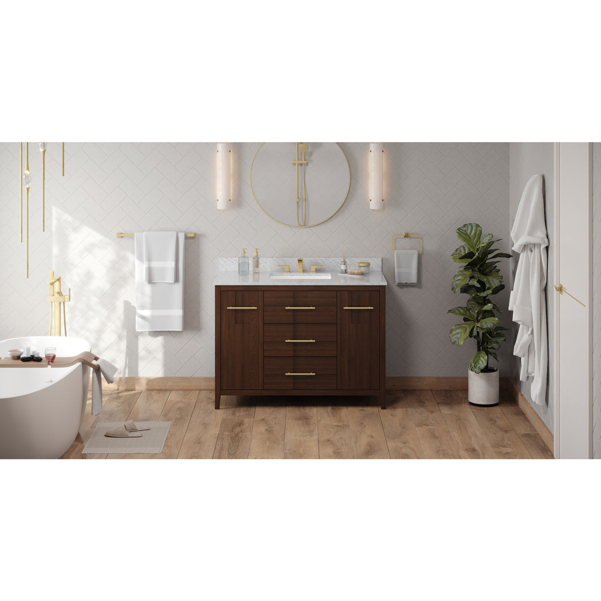 Jeffrey Alexander Katara 48" Dark Walnut Single Sink Bathroom Vanity with White Carrara Marble Top - 8 in. Widespread Faucet Top
