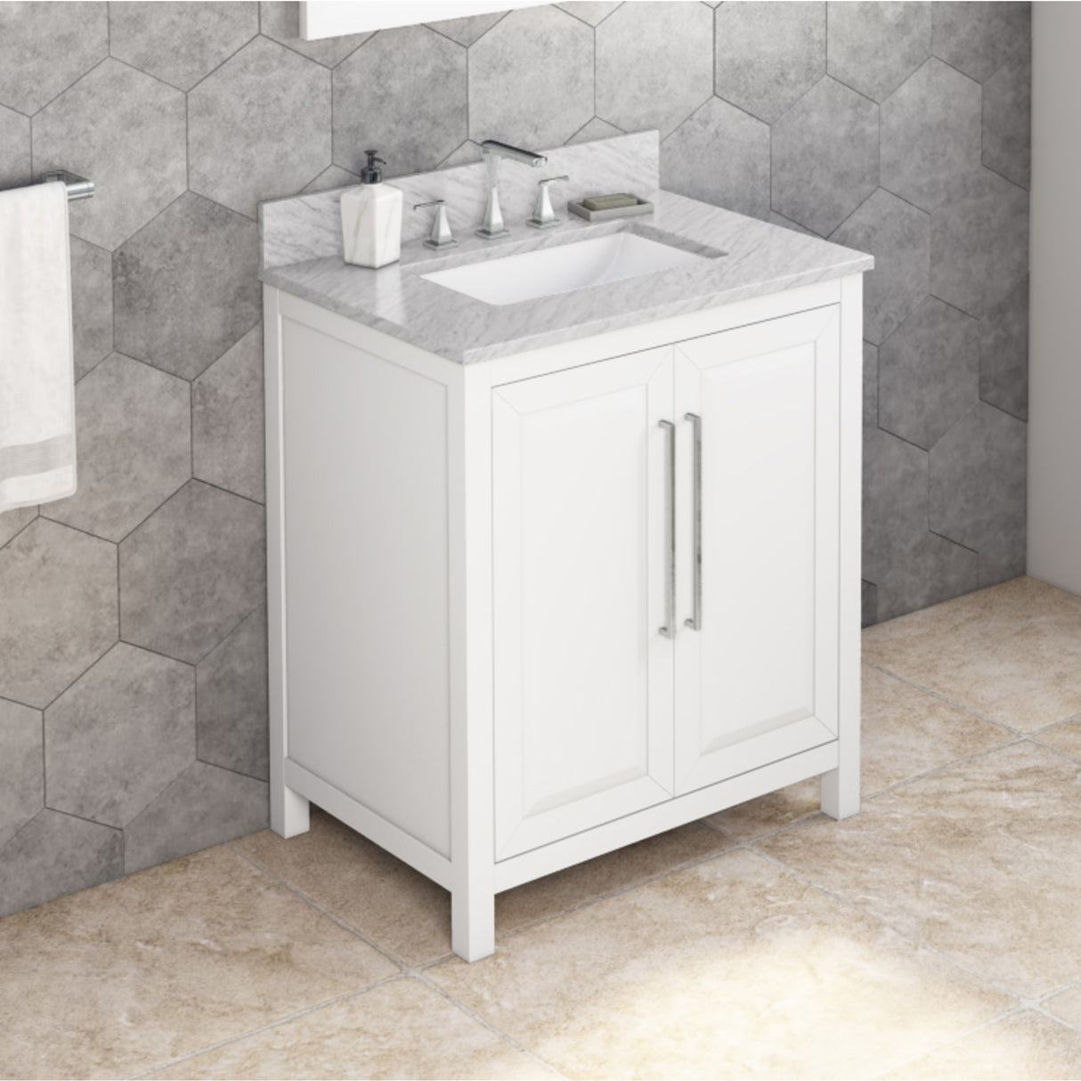 Jeffrey Alexander Cade 30" White Single Sink Bathroom Vanity with White Carrara Marble Top - 8 in. Widespread Faucet Top product image 2