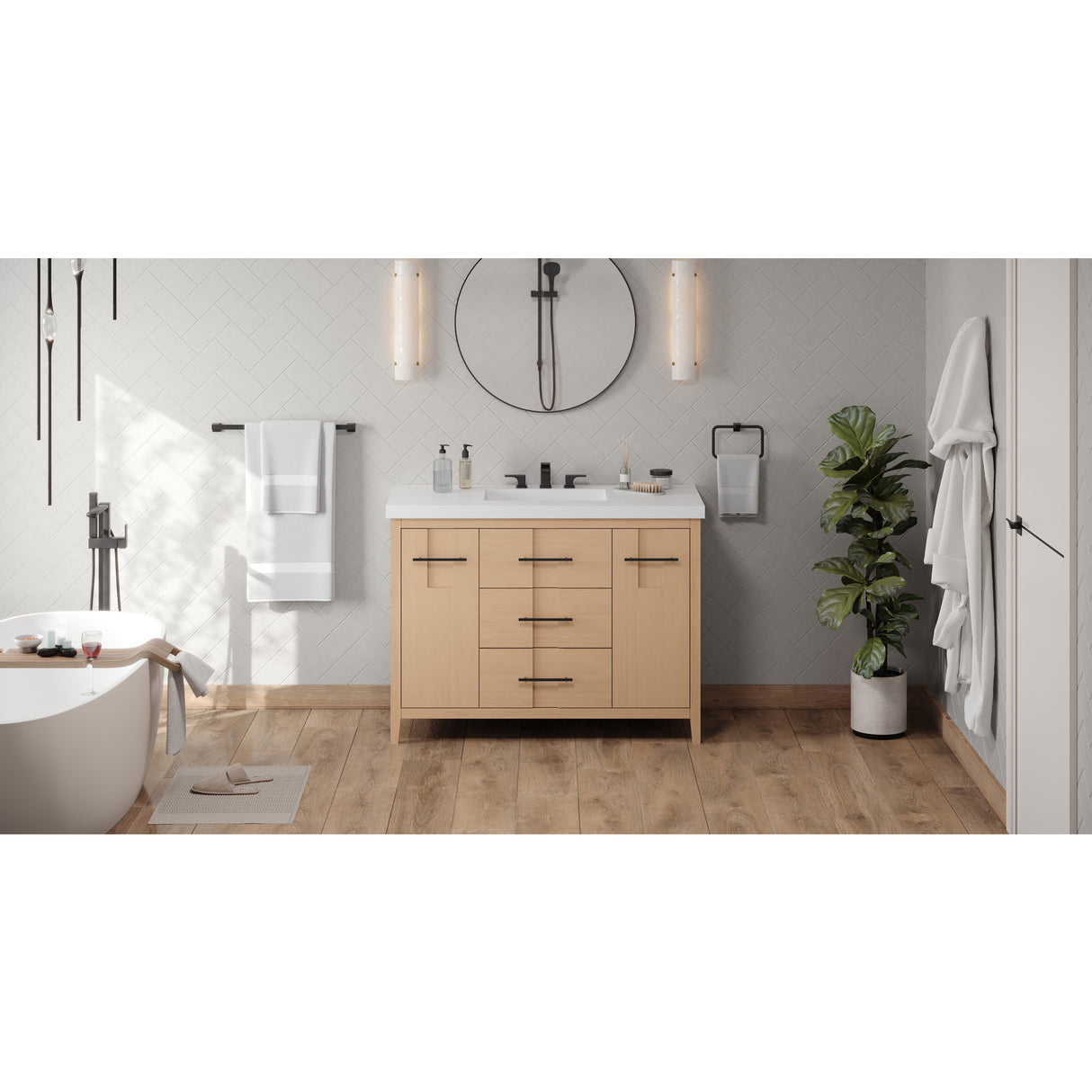 Jeffrey Alexander Katara 48" Natural Oak Single Sink Bathroom Vanity with White Resin Top - 8 in. Widespread Faucet Top