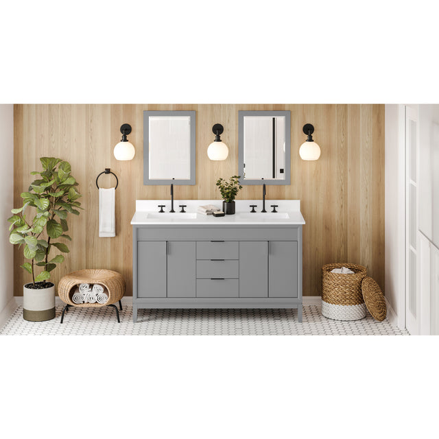 Jeffrey Alexander Theodora 60" Grey Double Sink Bathroom Vanity with White Quartz Top - 8 in. Widespread Faucet Top