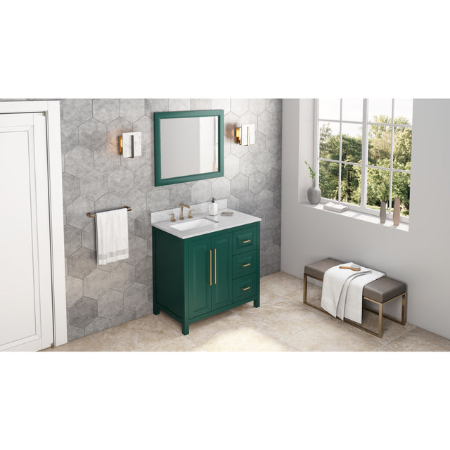 Jeffrey Alexander Cade 36" Green Single Sink Bathroom Vanity with White Carrara Marble Top - 8 in. Widespread Faucet Top