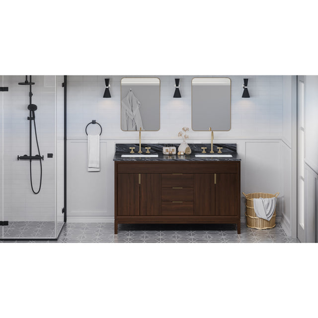 Jeffrey Alexander Theodora 60" Dark Walnut Double Sink Bathroom Vanity with Grey Marble Top - 8 in. Widespread Faucet Top