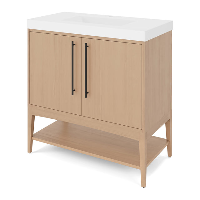 Jeffrey Alexander Tempest 36" Natural Oak Single Sink Bathroom Vanity with White Resin Top - Single-Hole Faucet Top - VKTEM36NOWDNORE