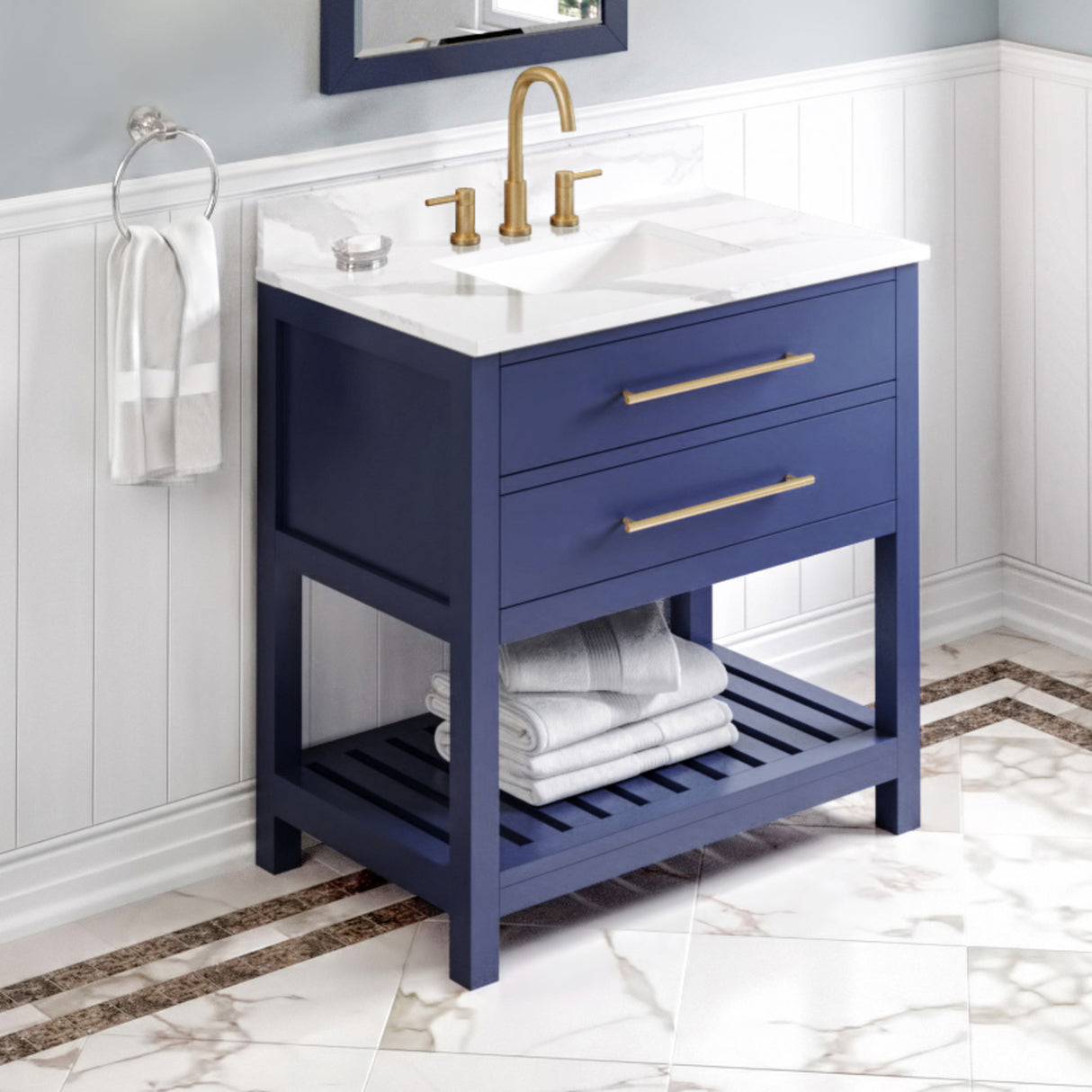 Jeffrey Alexander Wavecrest 36" Hale Blue Single Sink Bathroom Vanity with Calacatta Vienna Quartz Top - 8 in. Widespread Faucet Top product image 2