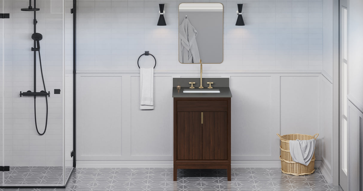 Jeffrey Alexander Theodora 24" Dark Walnut Single Sink Bathroom Vanity with Grey Quartz Top - 8 in. Widespread Faucet Top product image 6