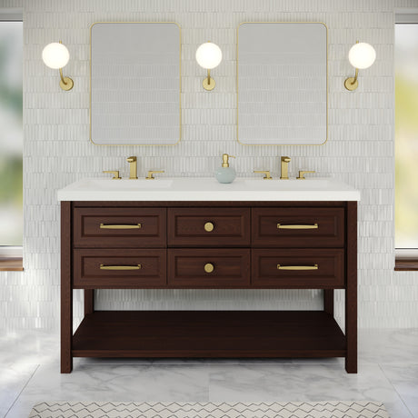 Jeffrey Alexander Kipling 60" Dark Walnut Double Sink Bathroom Vanity with White Resin Top - 8 in. Widespread Faucet Top