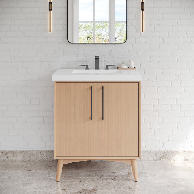 Jeffrey Alexander Dashwood Natural Oak Single Sink Bathroom Vanity with White Resin Top - Single-Hole Faucet Top - VKITDAS30NORER