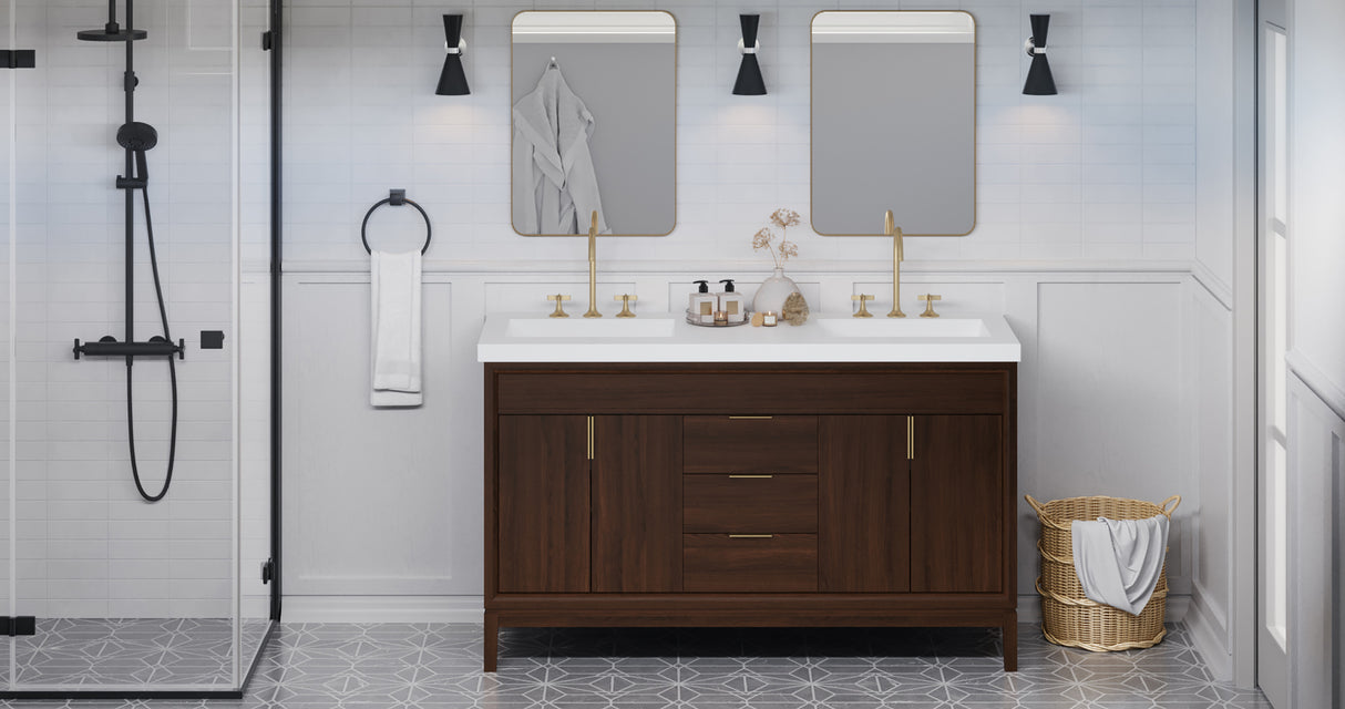 Jeffrey Alexander Theodora 60" Dark Walnut Double Sink Bathroom Vanity with White Resin Top - 8 in. Widespread Faucet Top product image 5