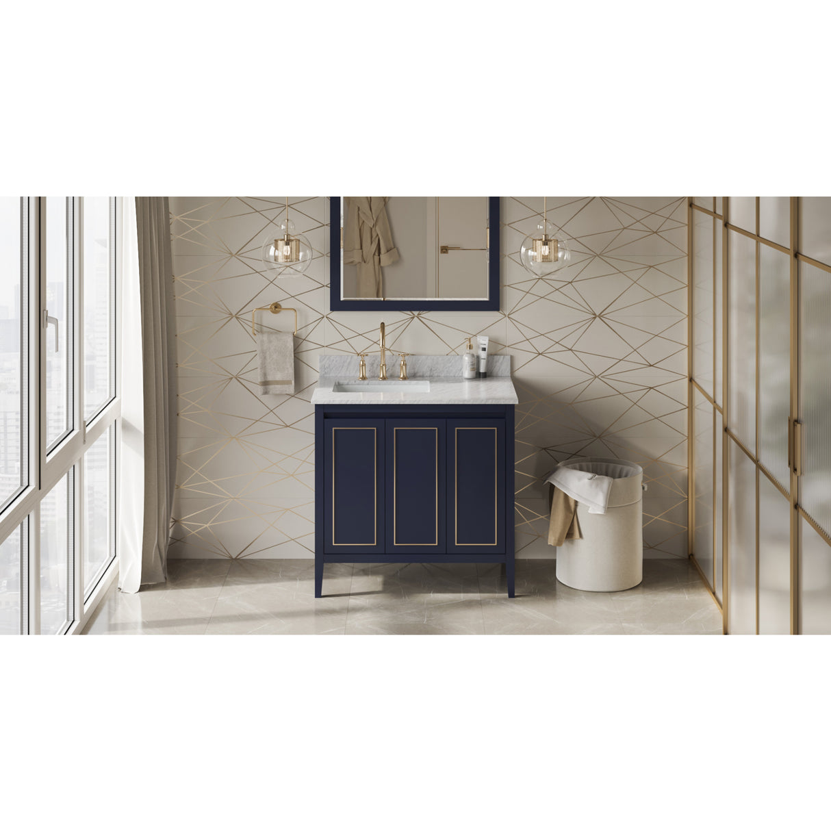 Jeffrey Alexander Percival 36" Hale Blue Single Sink Bathroom Vanity with White Carrara Marble Top - 8 in. Widespread Faucet Top