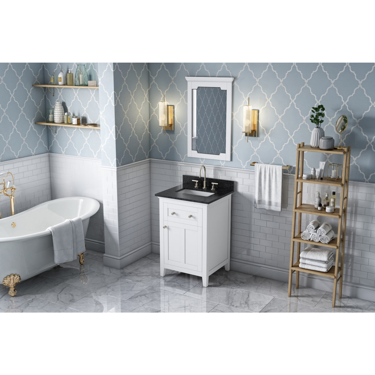 Jeffrey Alexander Chatham 24" White Single Sink Bathroom Vanity with Black Granite Top - 8 in. Widespread Faucet Top