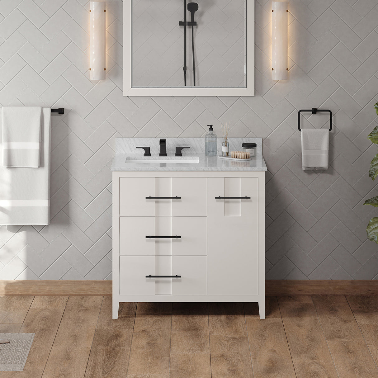 Jeffrey Alexander Katara 36" White Single Sink Bathroom Vanity with White Carrara Marble Top - 8 in. Widespread Faucet Top product image 2