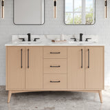 Jeffrey Alexander Dashwood 60" Natural Oak Double Sink Bathroom Vanity with Calacatta Vienna Quartz Top - 8 in. Widespread Faucet Top