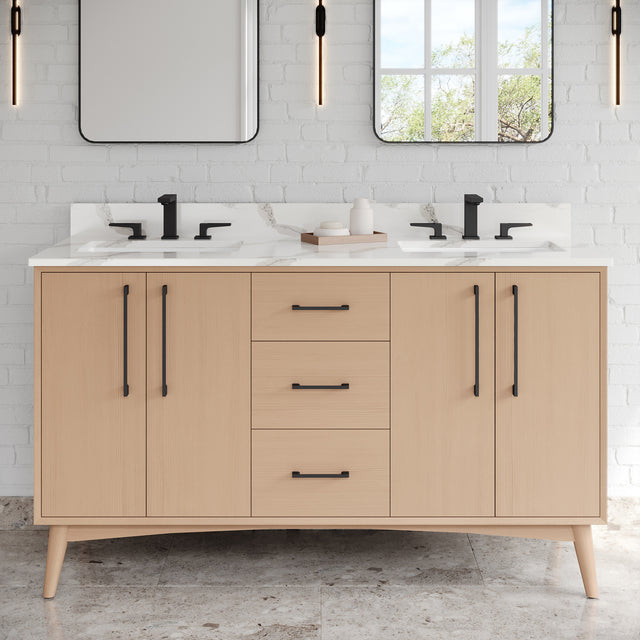 Jeffrey Alexander Dashwood 60" Natural Oak Double Sink Bathroom Vanity with Calacatta Vienna Quartz Top - 8 in. Widespread Faucet Top