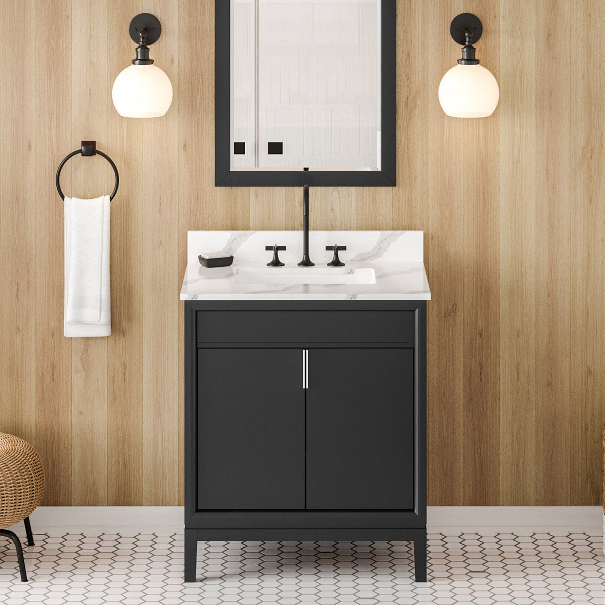 Jeffrey Alexander Theodora 30" Black Single Sink Bathroom Vanity with Calacatta Vienna Quartz Top - 8 in. Widespread Faucet Top product image 2