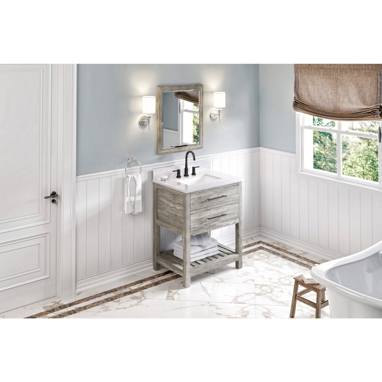 Jeffrey Alexander Wavecrest 30" Weathered Grey Single Sink Bathroom Vanity with White Carrara Marble Top - 8 in. Widespread Faucet Top