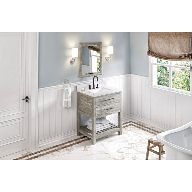 Jeffrey Alexander Wavecrest 30" Weathered Grey Single Sink Bathroom Vanity with White Carrara Marble Top - 8 in. Widespread Faucet Top