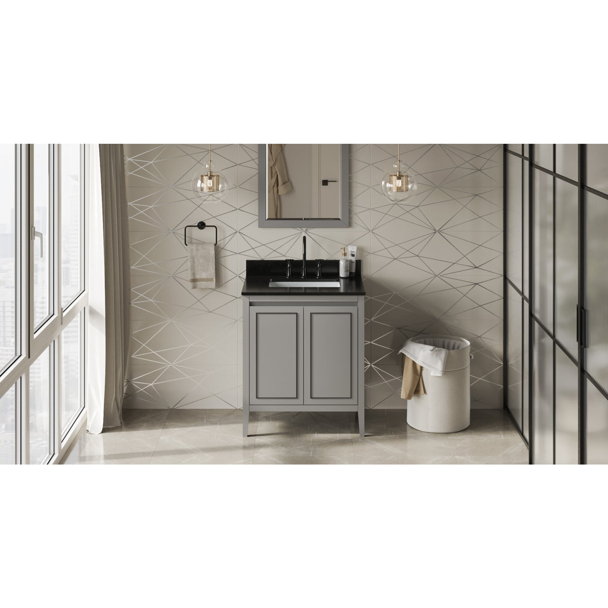Jeffrey Alexander Percival 30" Grey Single Sink Bathroom Vanity with Black Granite Top - 8 in. Widespread Faucet Top